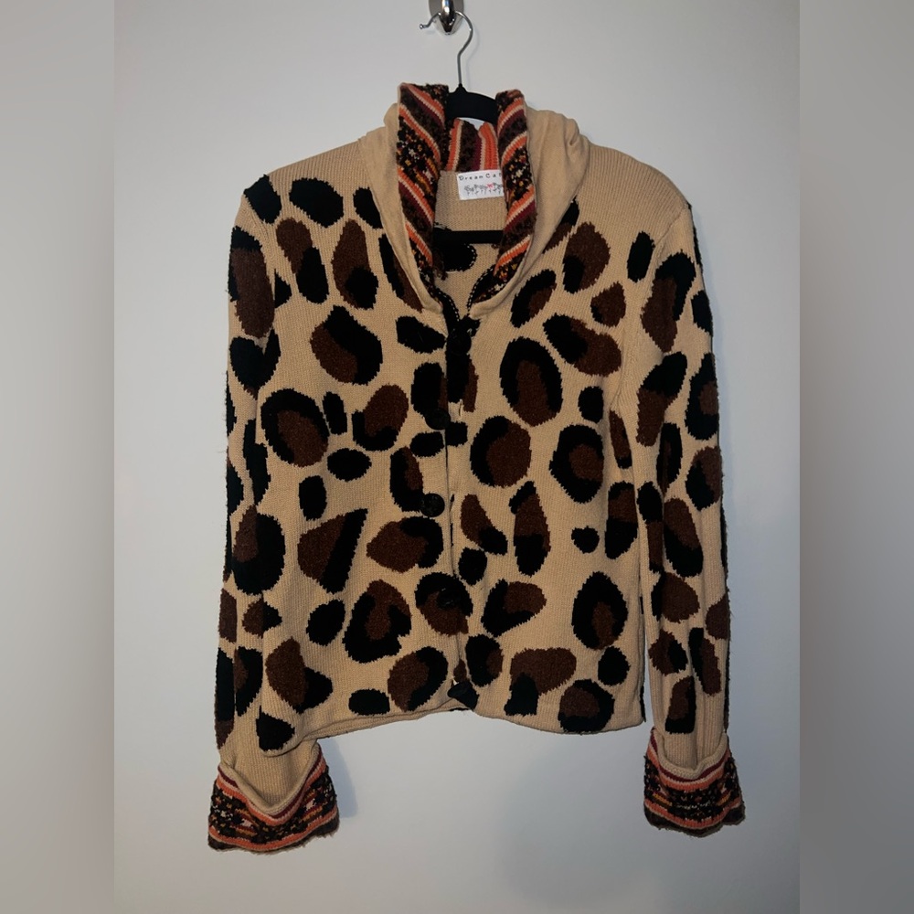 Dream Catcher Leopard Print Cardigan w/ Orange Accents – Size Medium